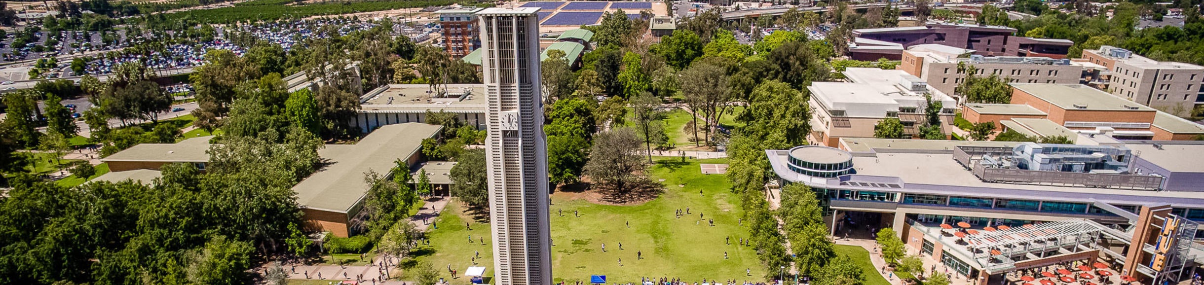 UC Riverside campus with bell tower, aerial view